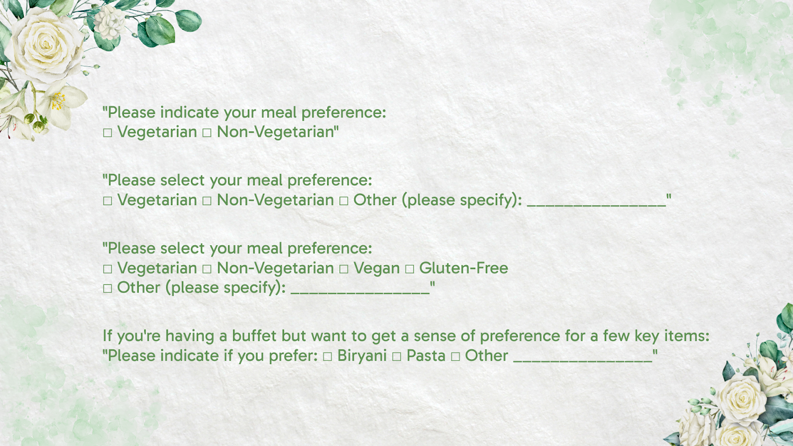 RSVP card section for guests to choose vegetarian, non-vegetarian, or special meal preferences for catering