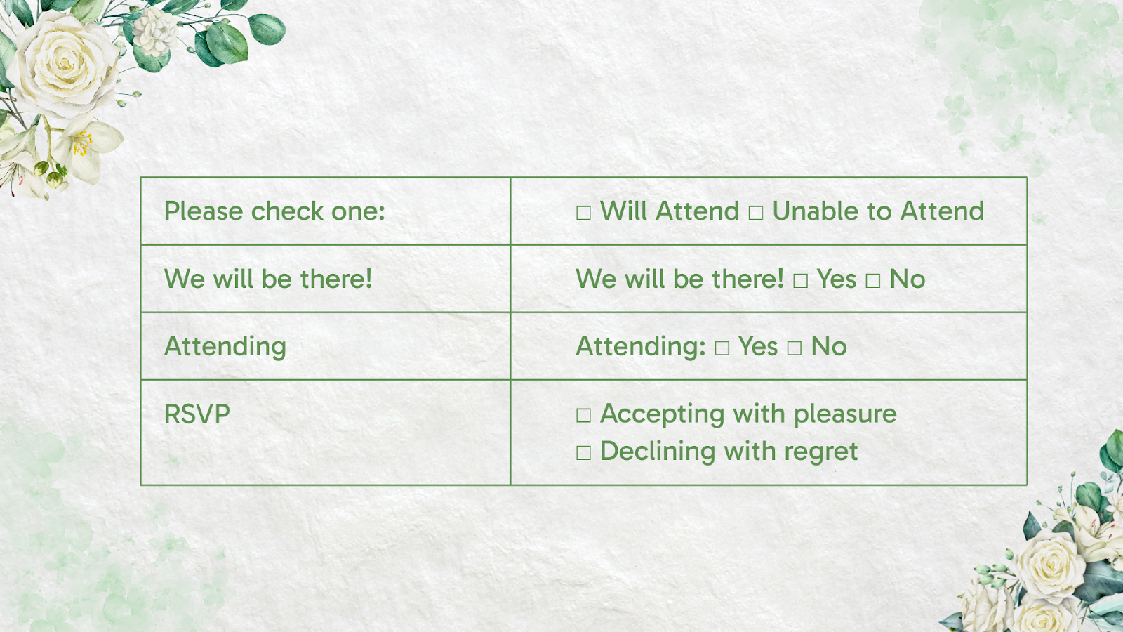 RSVP card offering clear Attending or Not Attending options for guests to reply easily