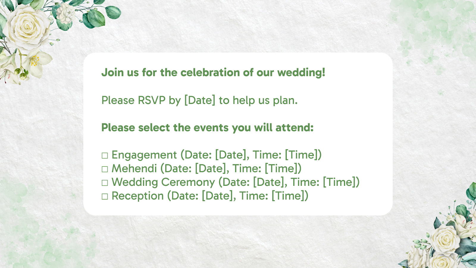 Event-specific RSVP card listing multiple wedding events for guests to select which they will attend