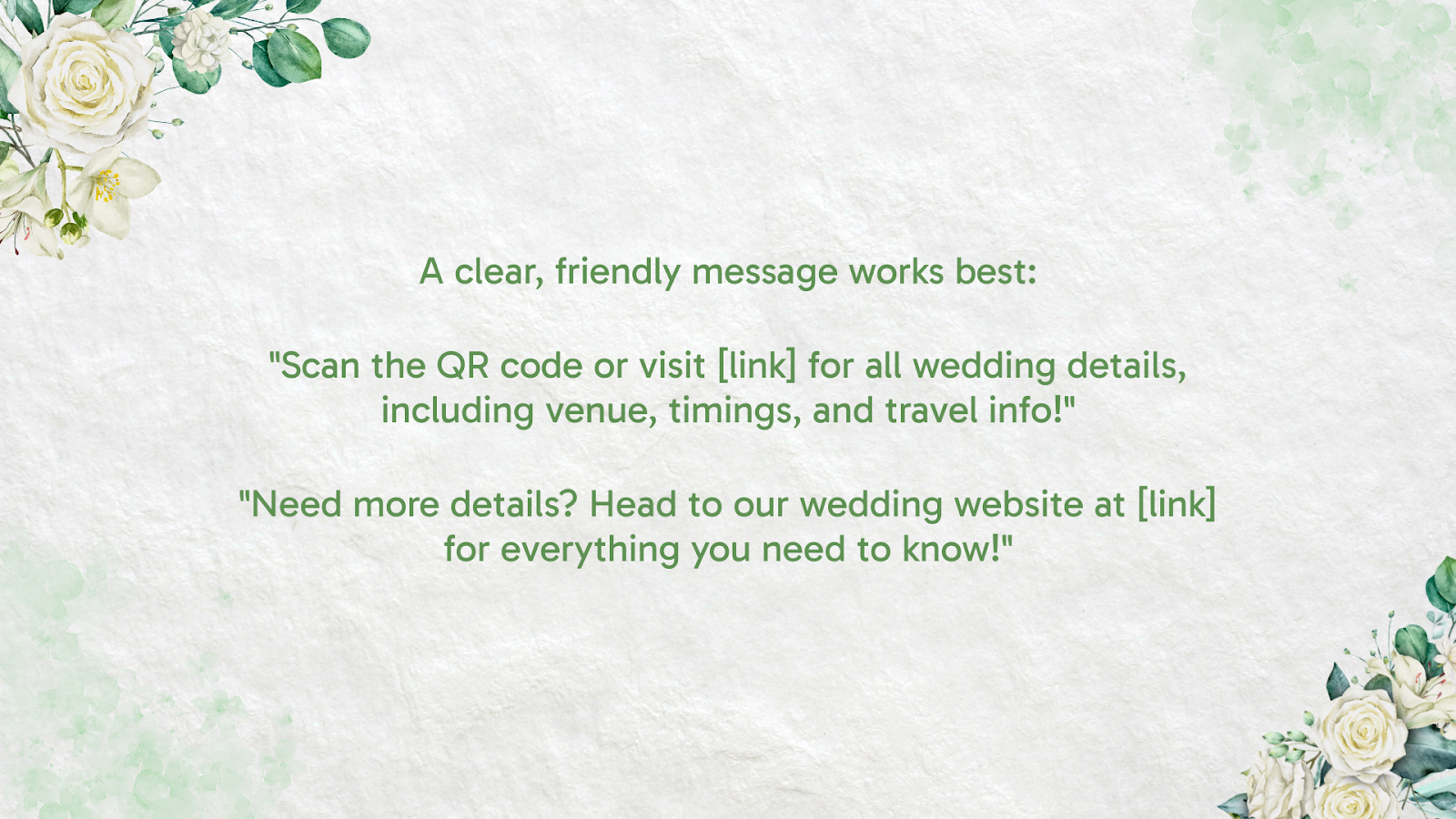RSVP card featuring a QR code and URL linking to the wedding website with event details