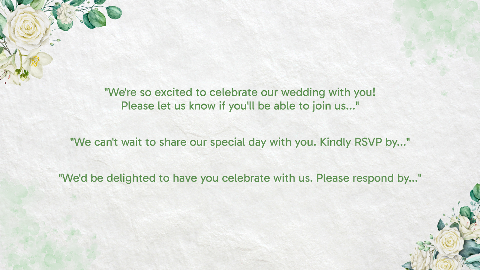 Example wedding RSVP card wording that politely and warmly asks guests for their response
