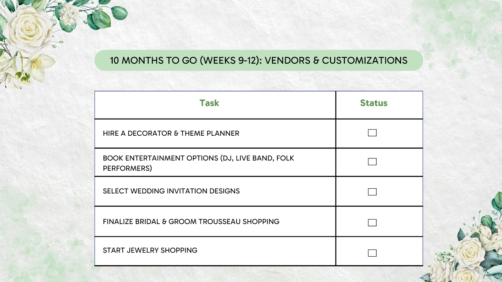 Booking wedding vendors and customizations including decorator, entertainment, invitations, and trousseau shopping