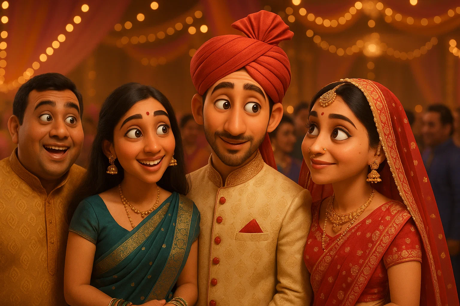 Newlyweds on stage as the groom's family formally presents the couple at an Indian wedding reception