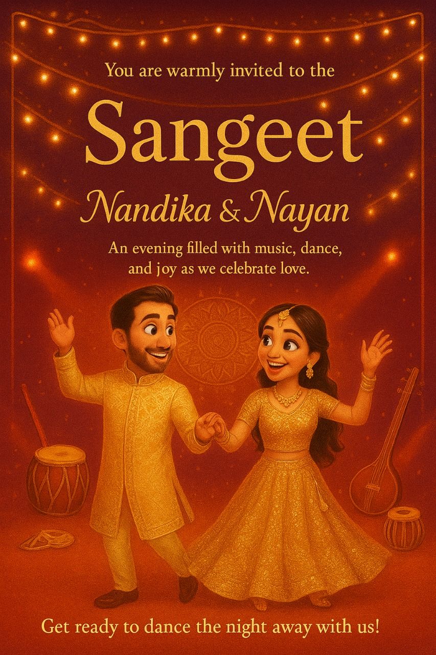 Pixar-style Sangeet invitation with couple dancing under fairy lights amid dhol, tabla and sitar