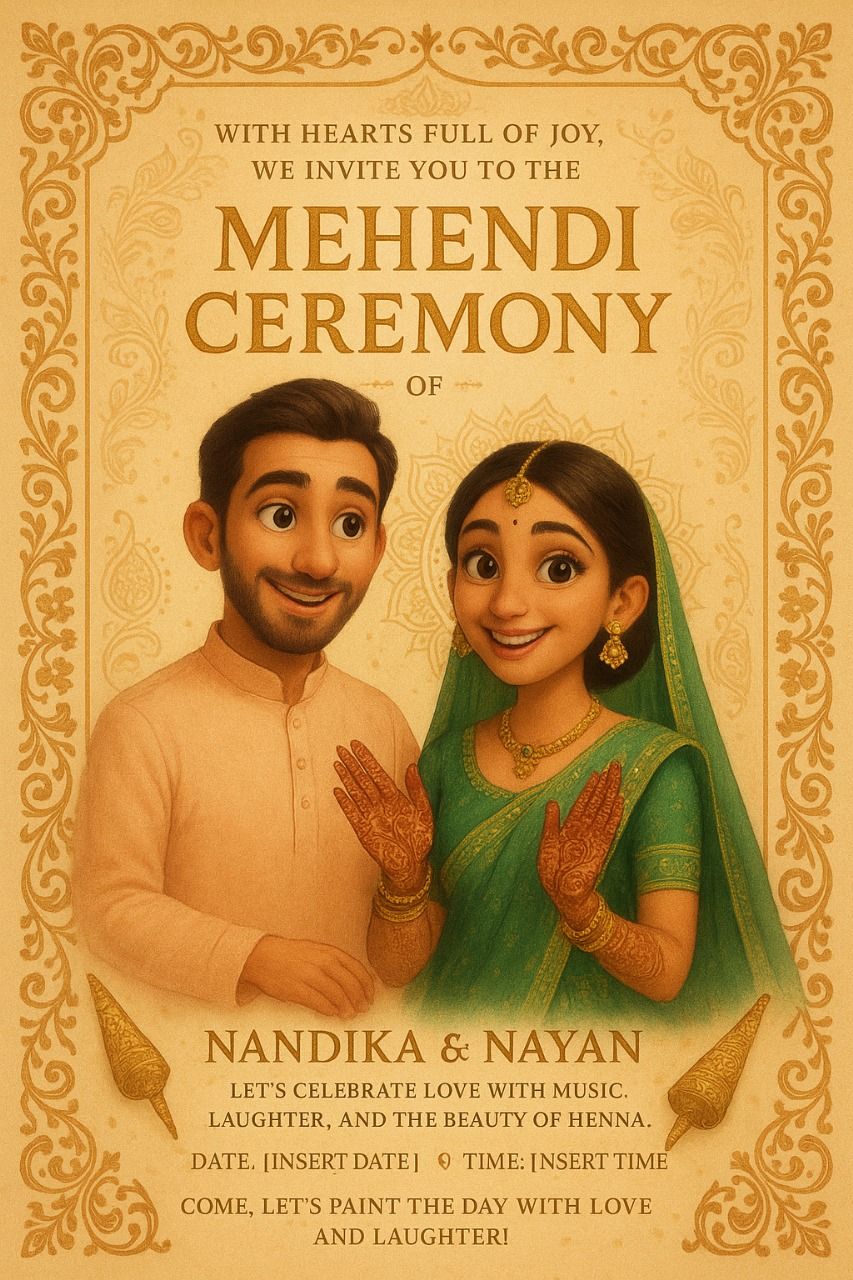 Pixar-style Mehendi ceremony invitation with bride in green lehenga, mehendi cones and henna mandala patterns