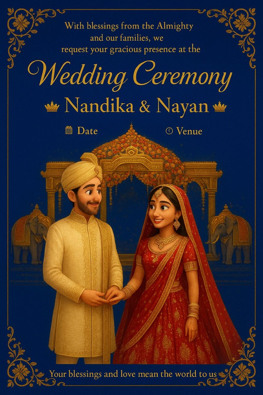 Pixar-style royal Indian wedding invitation with couple in wedding attire, grand mandap and elephants