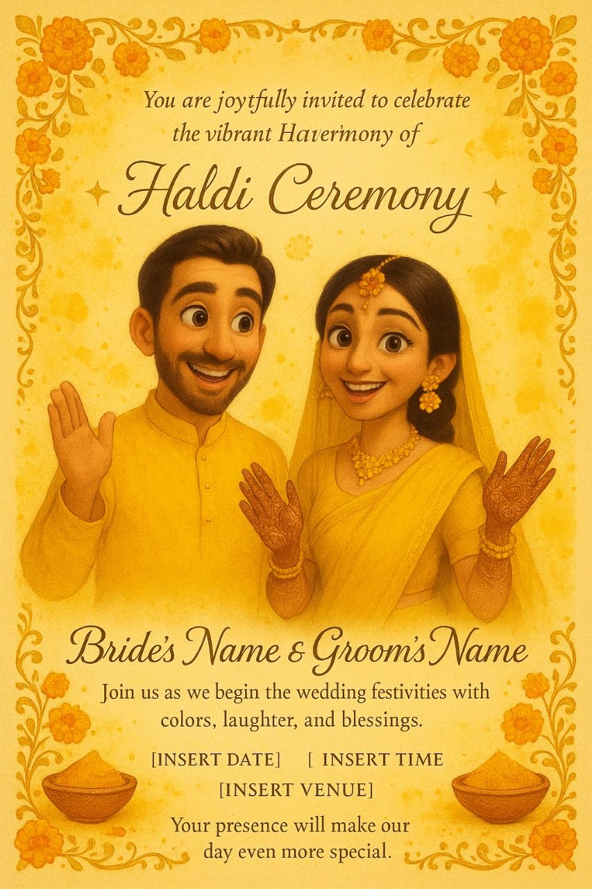 Pixar-style Haldi ceremony invitation with couple in yellow outfits, marigolds and turmeric bowls