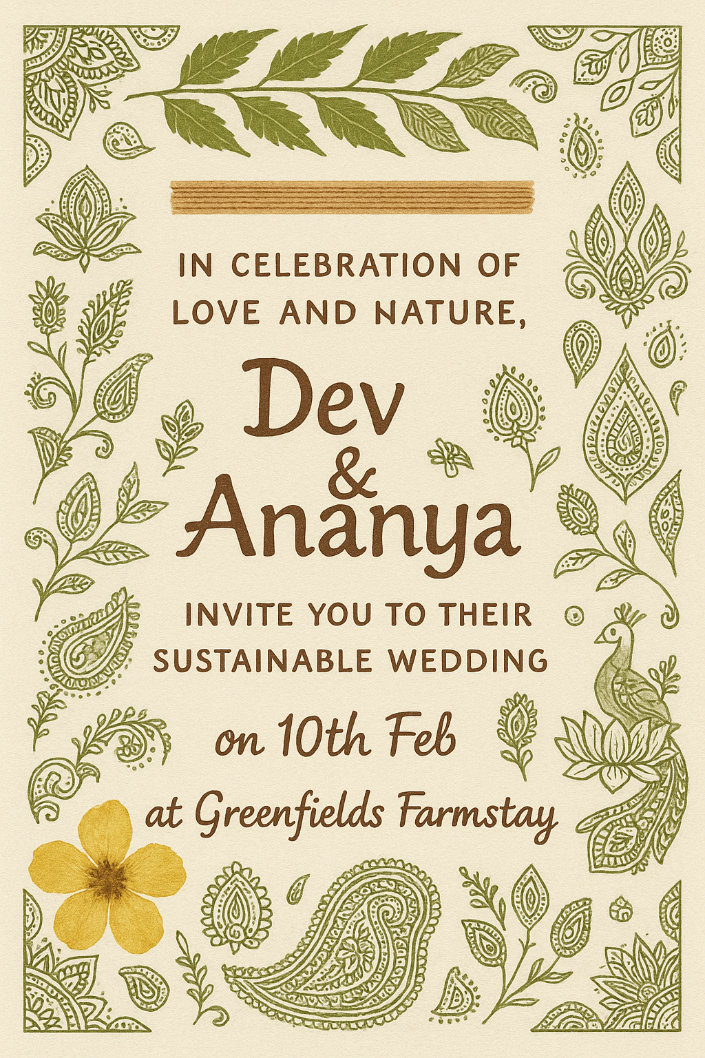 Eco-friendly wedding invitation with earthy tones, handmade paper texture, pressed flowers and leafy borders