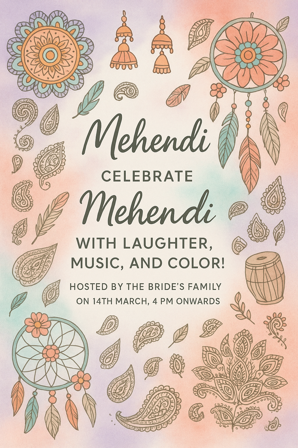 Boho mehendi invitation with watercolor textures, coral pink and lavender tones, dreamcatchers and henna motifs