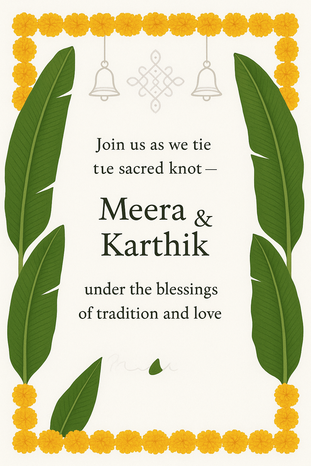 Minimalist South Indian wedding invite with banana leaves, marigold borders, kolam patterns and temple bells