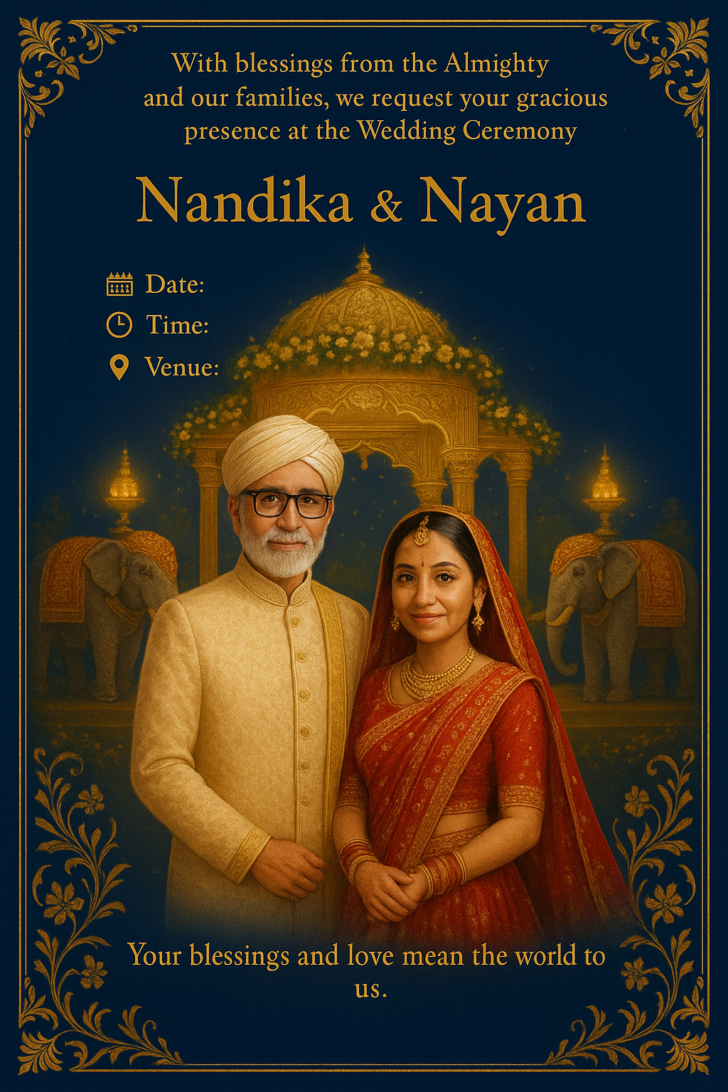Personalized royal blue and gold wedding invitation with the real couple's photo replacing the Pixar figures