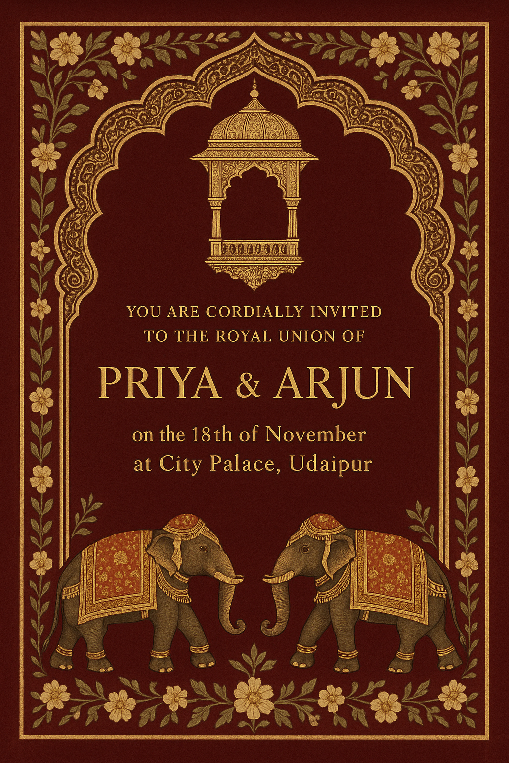 AI-generated royal Rajasthani wedding card with golden jharokhas, maroon florals, elephants and mehendi borders