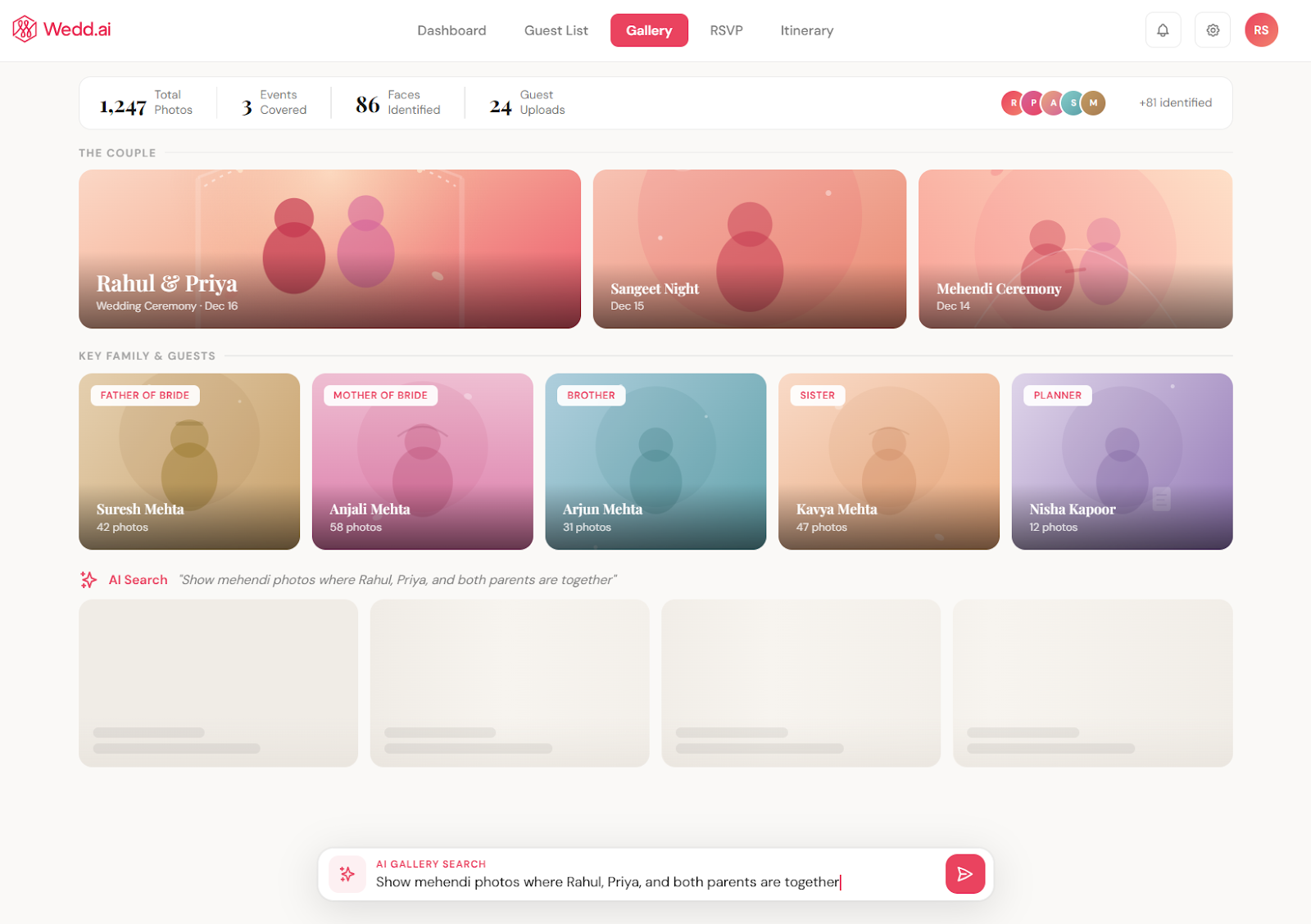 Wedding dashboard using AI face recognition to cluster faces and sort photos into personalised guest galleries