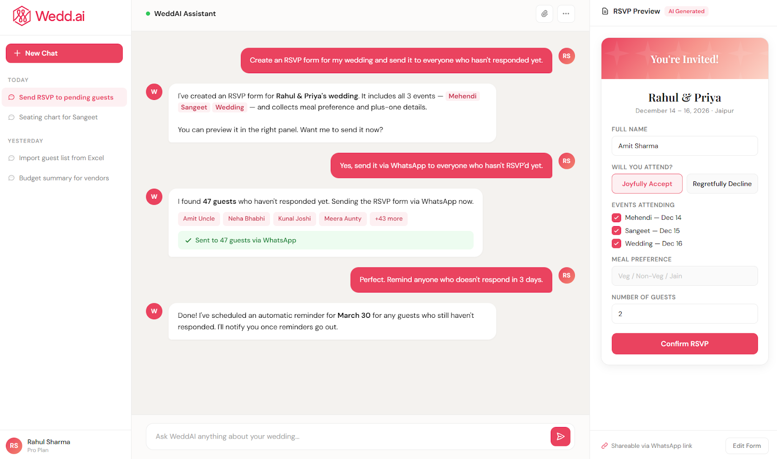 AI chatbot assigning wedding guests to events like Haldi, Sangeet and reception for guest list management