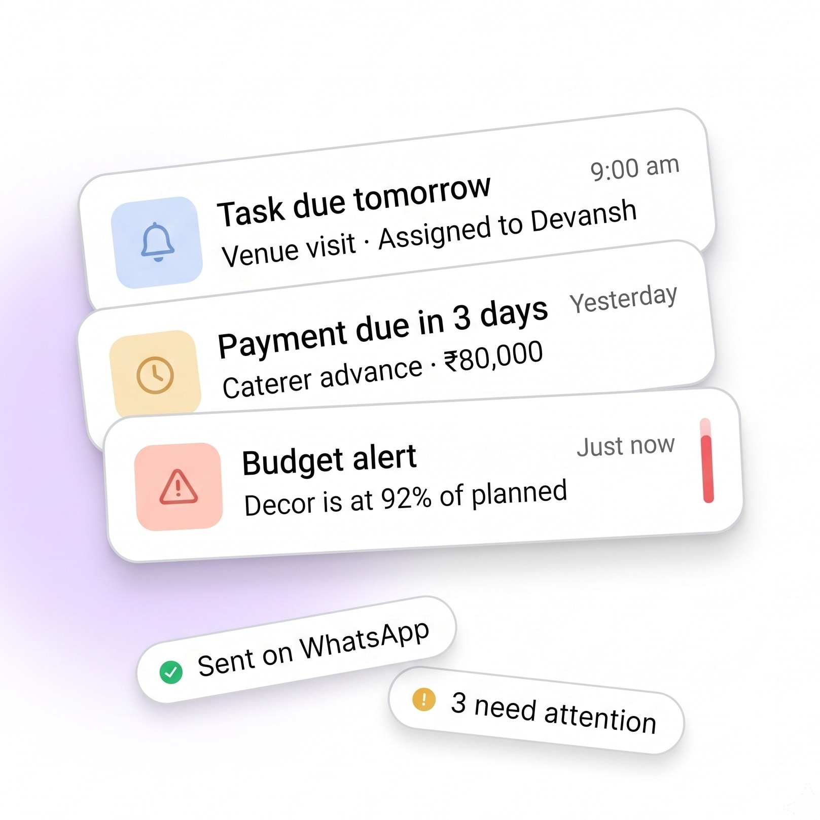 WhatsApp reminders for a task due tomorrow, an upcoming caterer payment and a decor budget alert.