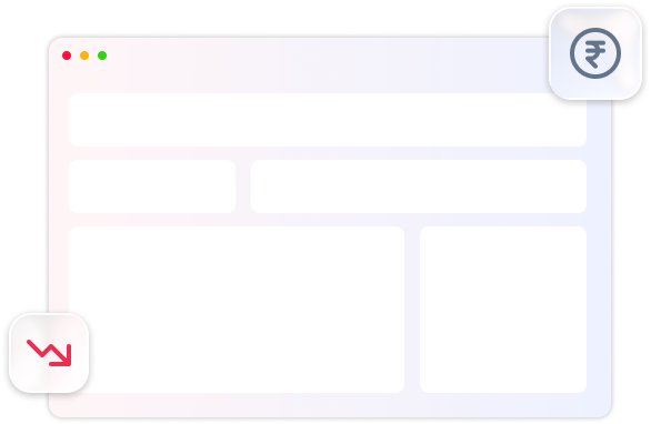 Website mockup with a downward trend arrow and a rupee symbol on either side