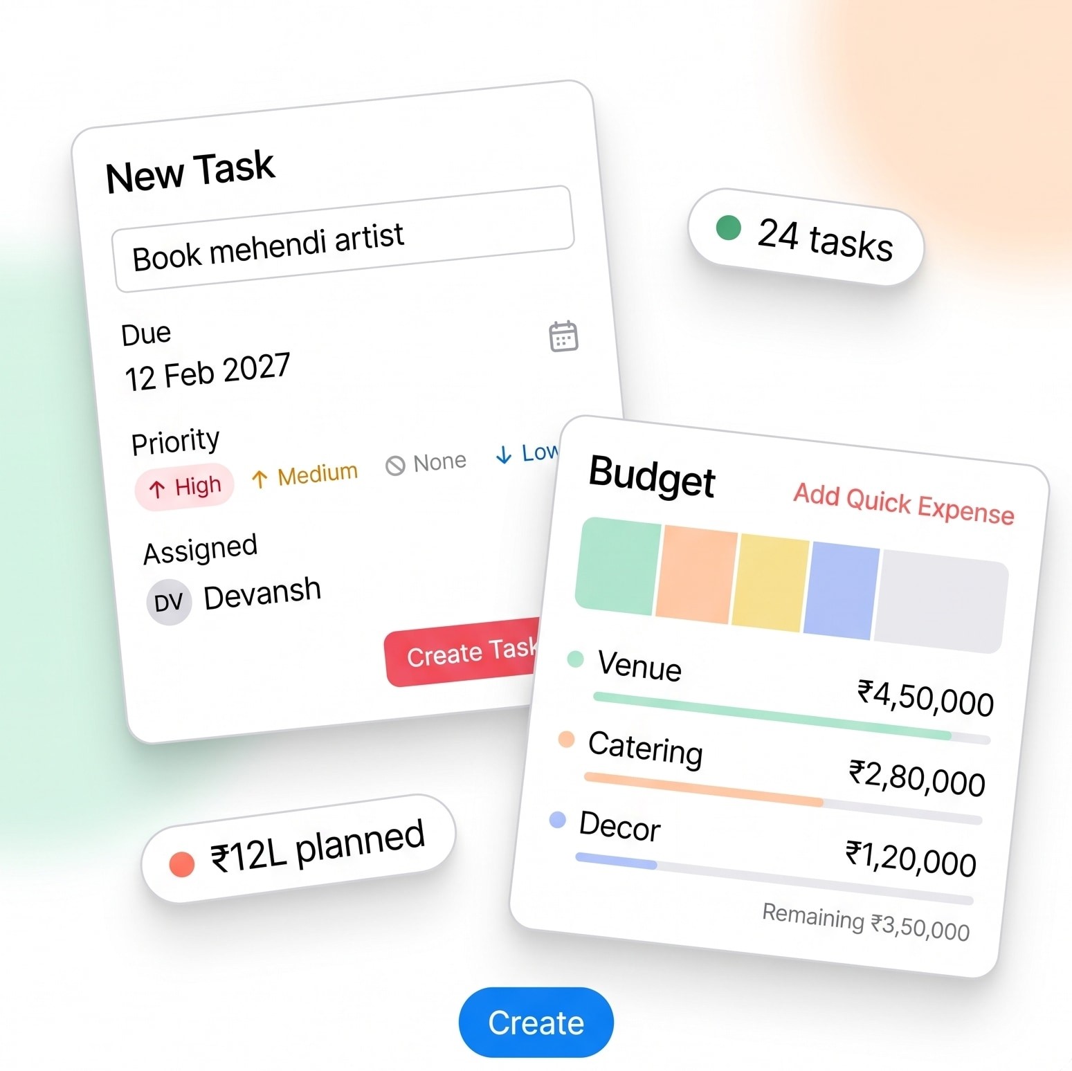Creating a wedding task with due date, priority and assignee next to a category-wise budget breakdown.