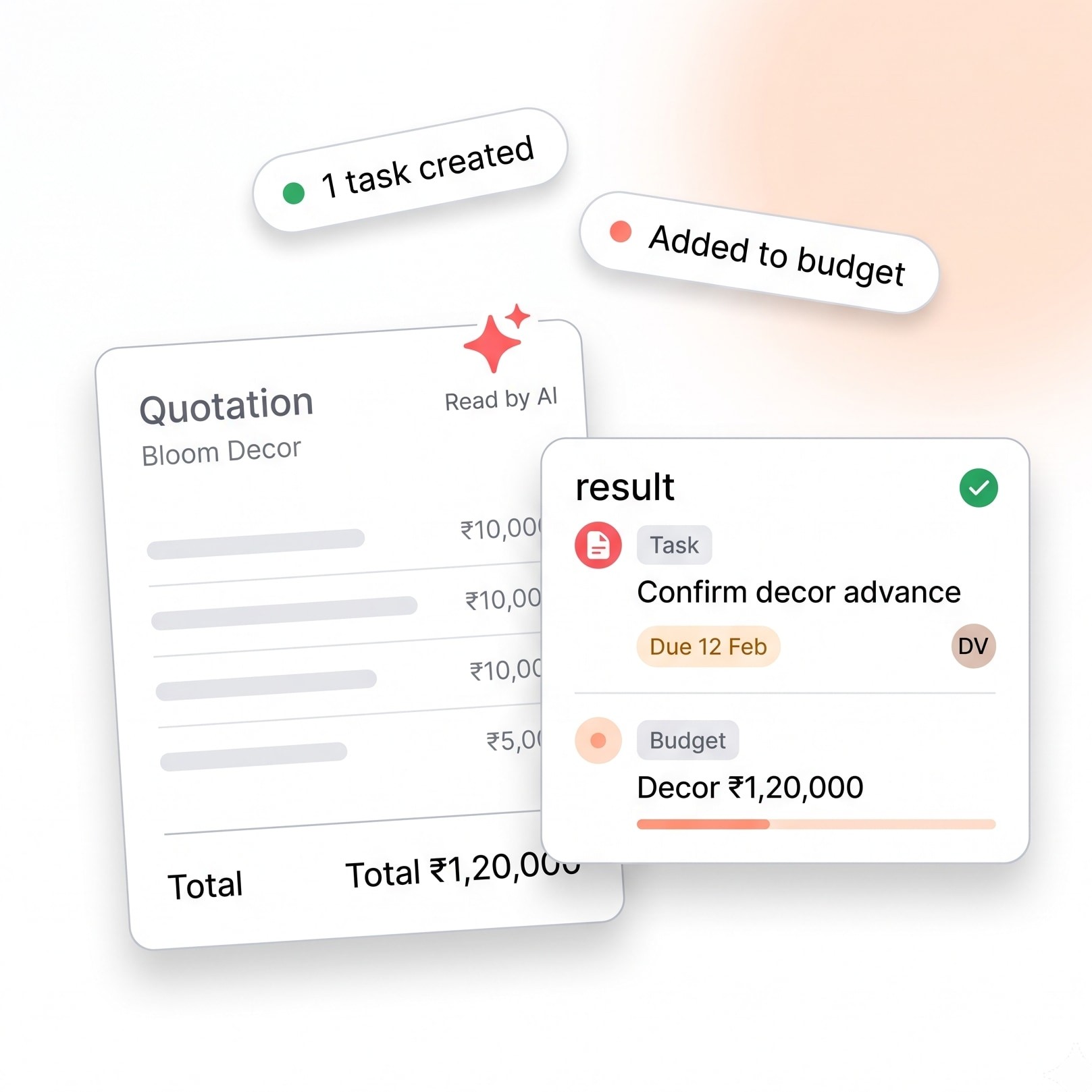 A vendor quotation read by AI that automatically creates a task and adds the amount to the decor budget.