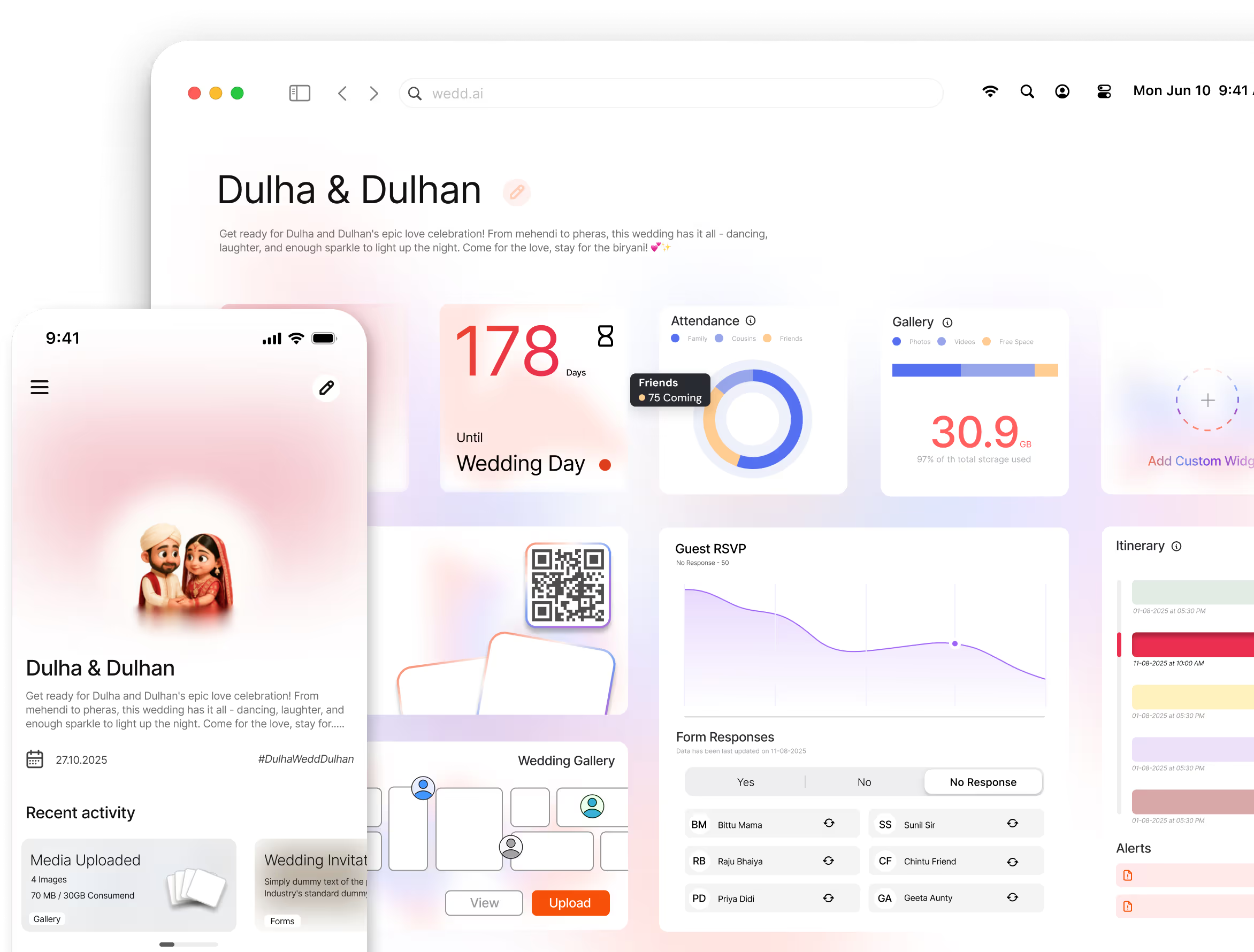 User interface for Dulha & Dulhan wedding app WeddAi showing countdown wedding day, attendance pie chart, gallery storage, guest RSVP, and itinerary details.