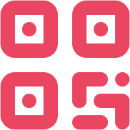 Stylized red QR code with rounded square corners.