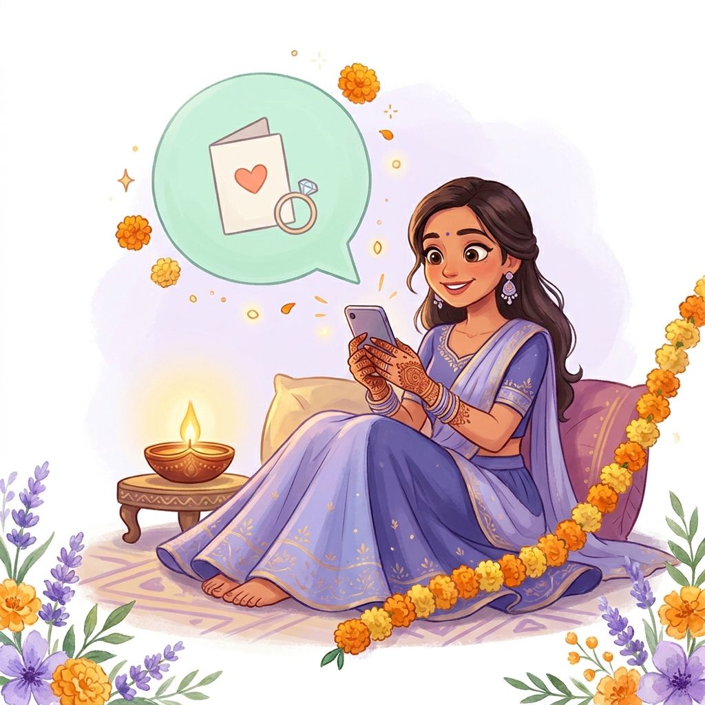 Illustration of a woman in traditional Indian wedding attire messaging on WhatsApp, surrounded by marigold garlands and a diya