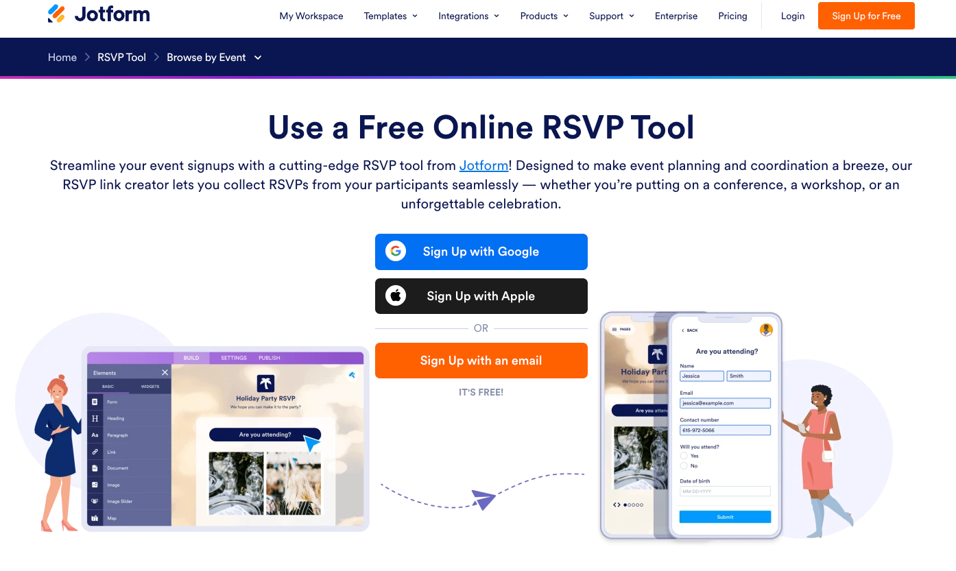 Jotform RSVP Tool page for creating free online RSVP forms and apps