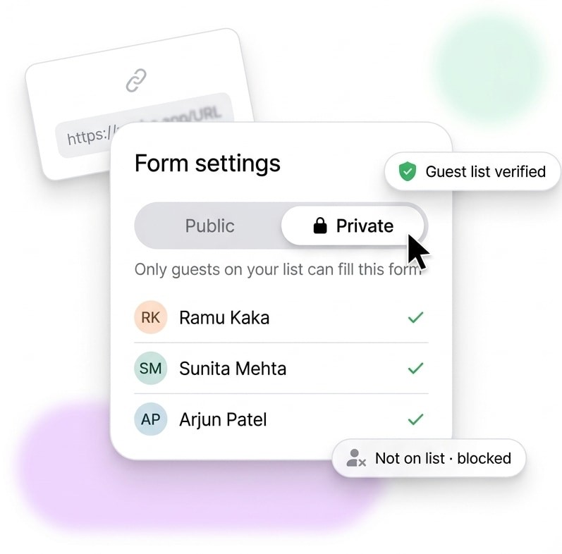 Form settings set to private so only guests on the wedding guest list can fill the form.