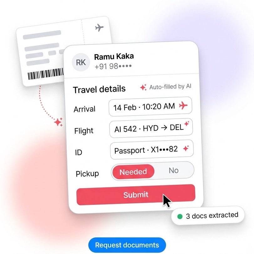 A travel details form auto-filled by AI from an uploaded boarding pass, showing arrival time, flight and pickup.