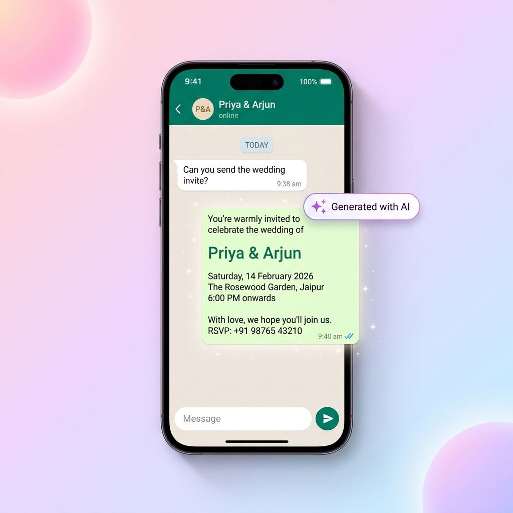 Phone mockup of a WhatsApp chat showing an AI-generated wedding invitation message