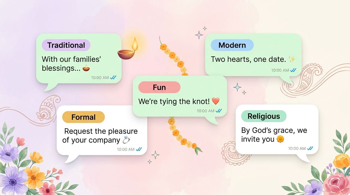 Sample WhatsApp wedding invitation messages in Traditional, Modern, Fun, Formal, and Religious styles